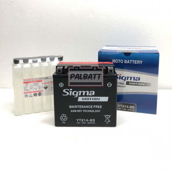 ΜΠΑΤΑΡΙΑ SIGMA SB-YTX14-BS AGM | 12AH / VOLT:12 / EN:200 / ΠΟΛΙΚΟΤΗΤΑ: Αριστερά το +