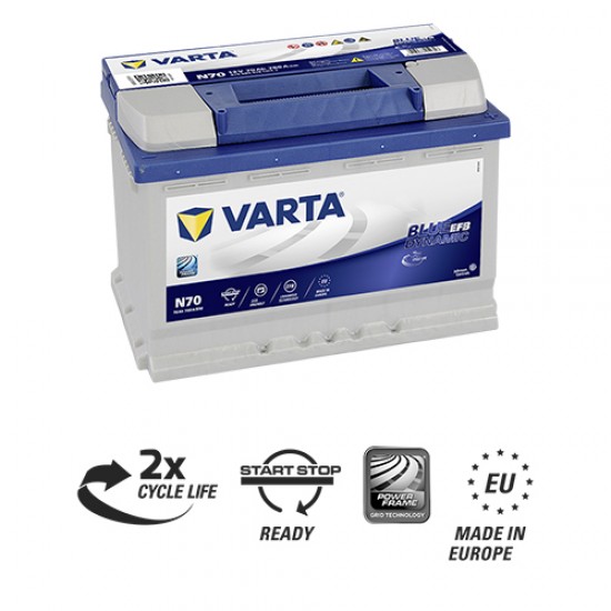 Μπαταρία Varta N70 Blue Dynamic - EFB | 570 500 076 | 70AH / Volt:12 / EN:760 / Πολικότητα: Δεξιά το +