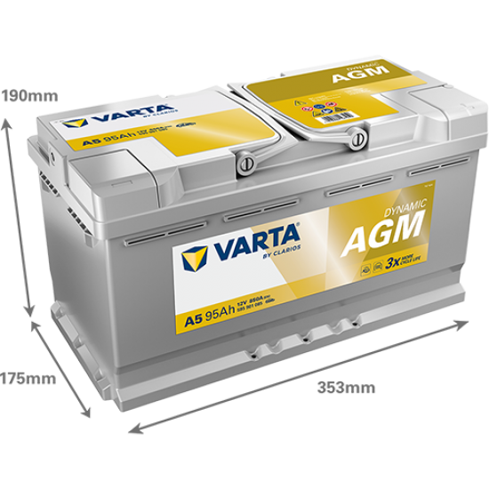 Μπαταρία Varta A5 Dynamic - AGM | 595 901 095 | 95AH / Volt:12 / EN:850 / Πολικότητα: Δεξιά το +